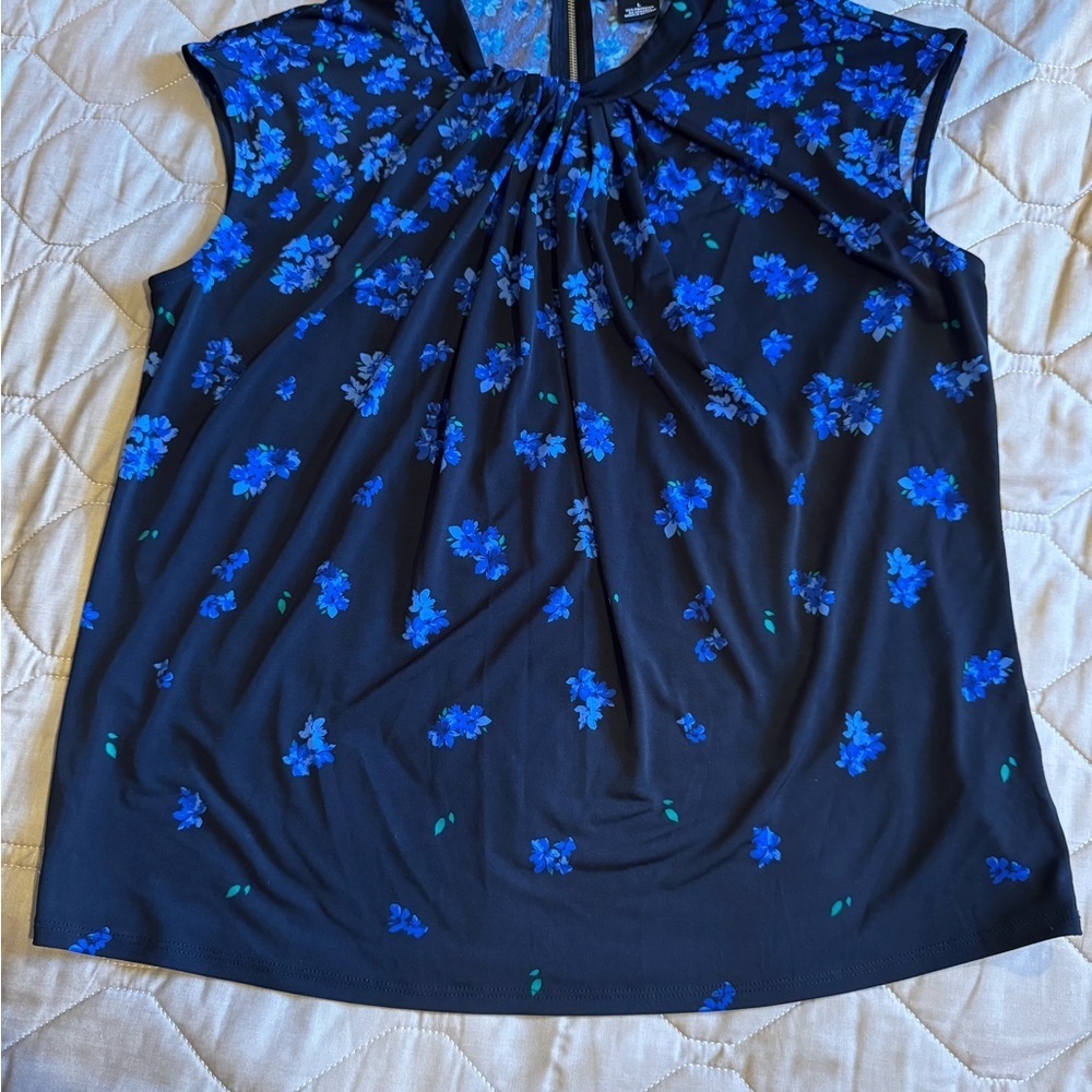 Liz Claiborne Top Blue Size L Floral Sleeveless High Round Neck Polyester Zip